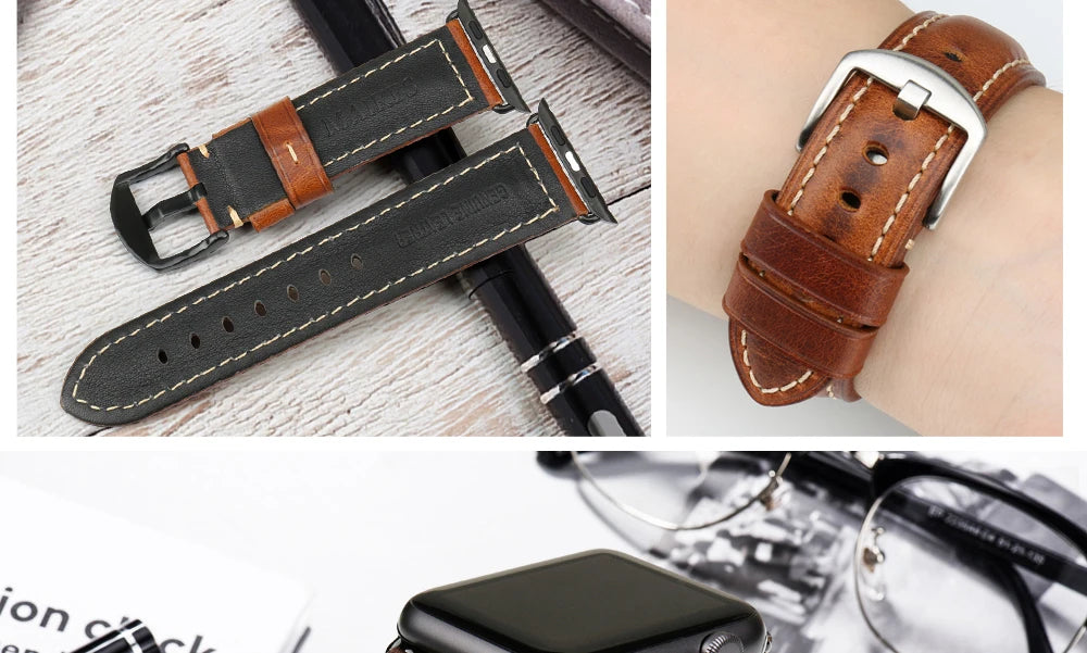 MAIKES Vintage Leather Strap for Apple Watch