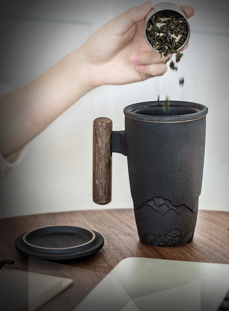 Retro Ceramic Mug with Wooden Handle & Lid