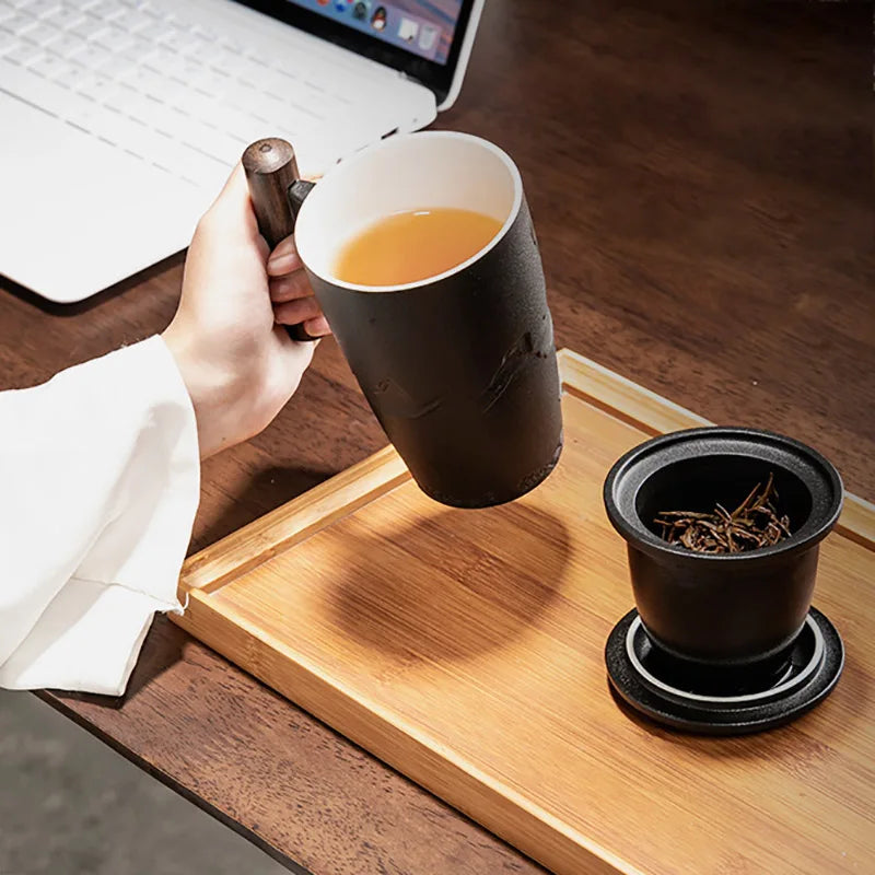 Retro Ceramic Mug with Wooden Handle & Lid