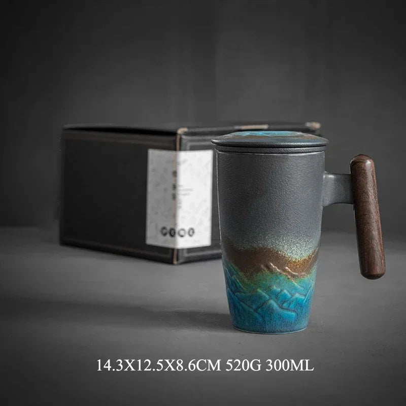 Retro Ceramic Mug with Wooden Handle & Lid