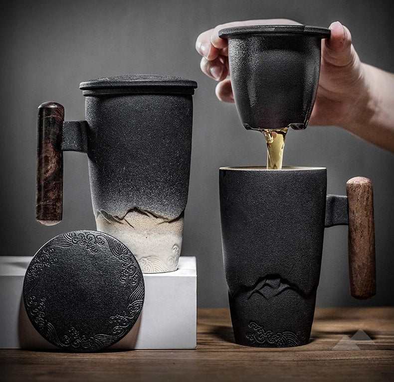 Retro Ceramic Mug with Wooden Handle & Lid