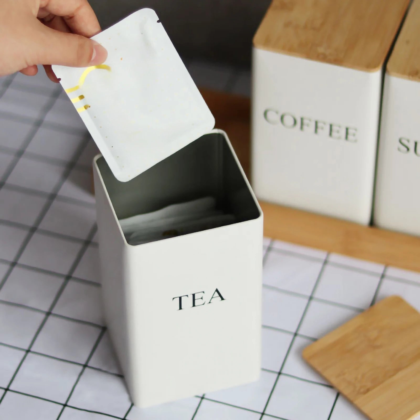 Metal Tea Coffee Sugar Storage Jars with Bamboo Lids