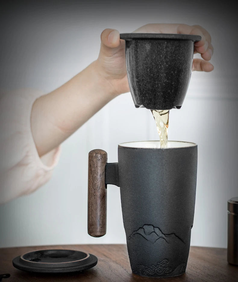 Retro Ceramic Mug with Wooden Handle & Lid