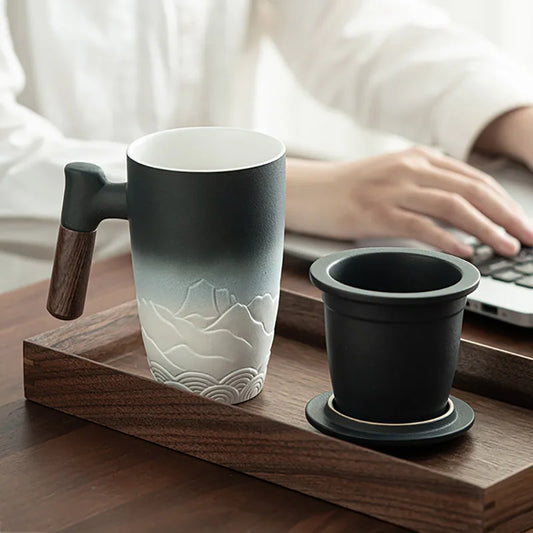 Retro Ceramic Mug with Wooden Handle & Lid
