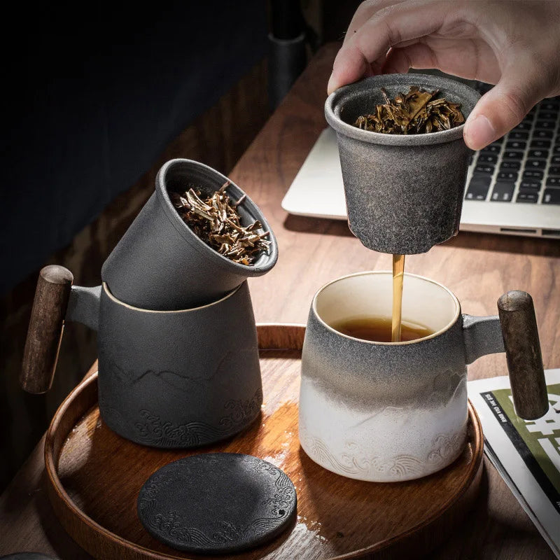 Retro Ceramic Mug with Wooden Handle & Lid