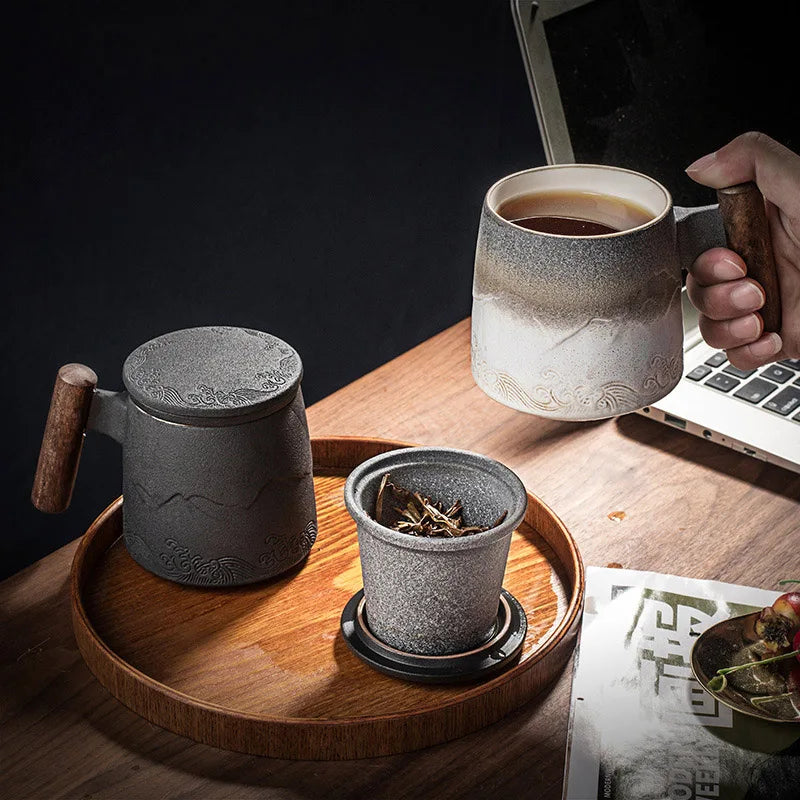Retro Ceramic Mug with Wooden Handle & Lid