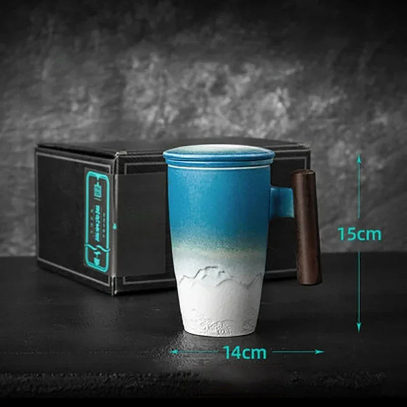 Retro Ceramic Mug with Wooden Handle & Lid