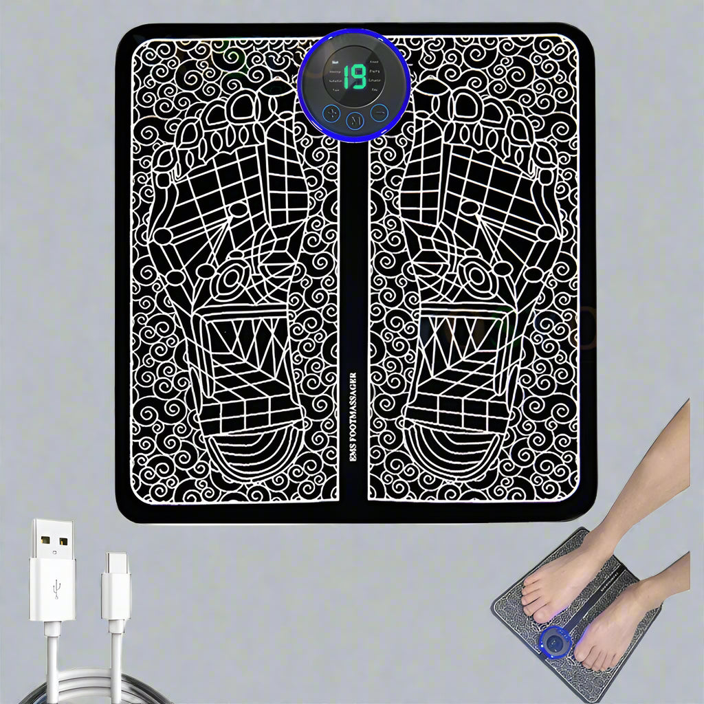 Digital foot scale with USB cable and person using the scale on a white background