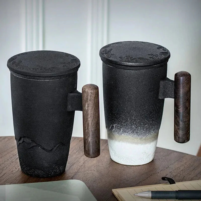 Retro Ceramic Mug with Wooden Handle & Lid