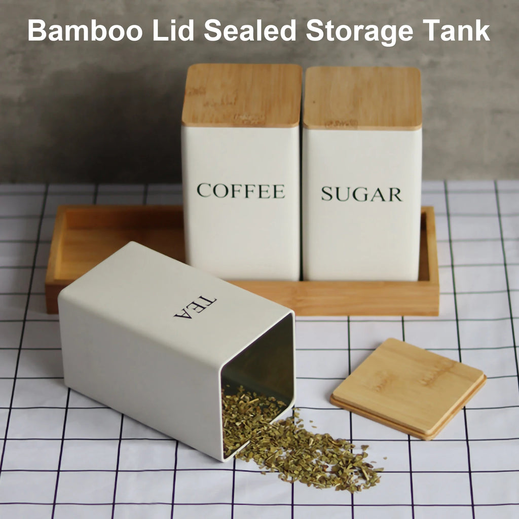 Metal Tea Coffee Sugar Storage Jars with Bamboo Lids