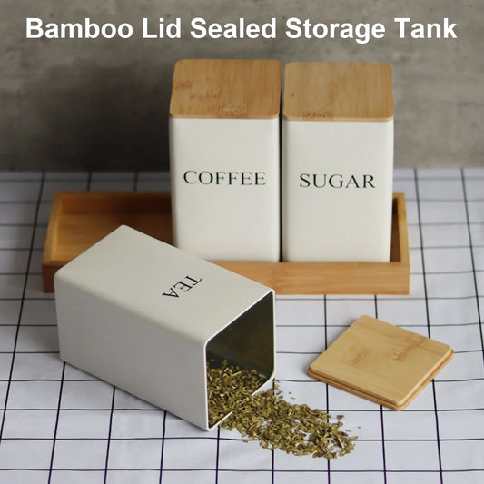 Metal Tea Coffee Sugar Storage Jars with Bamboo Lids