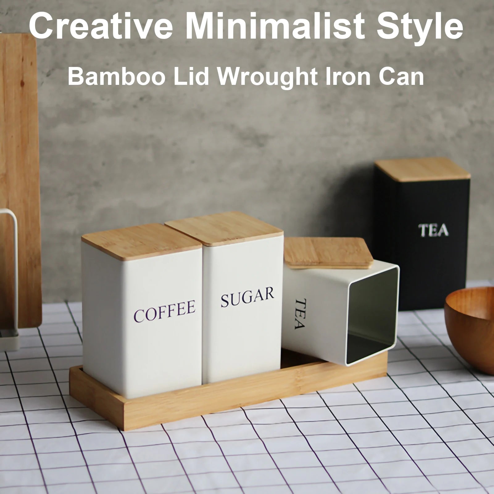 Metal Tea Coffee Sugar Storage Jars with Bamboo Lids
