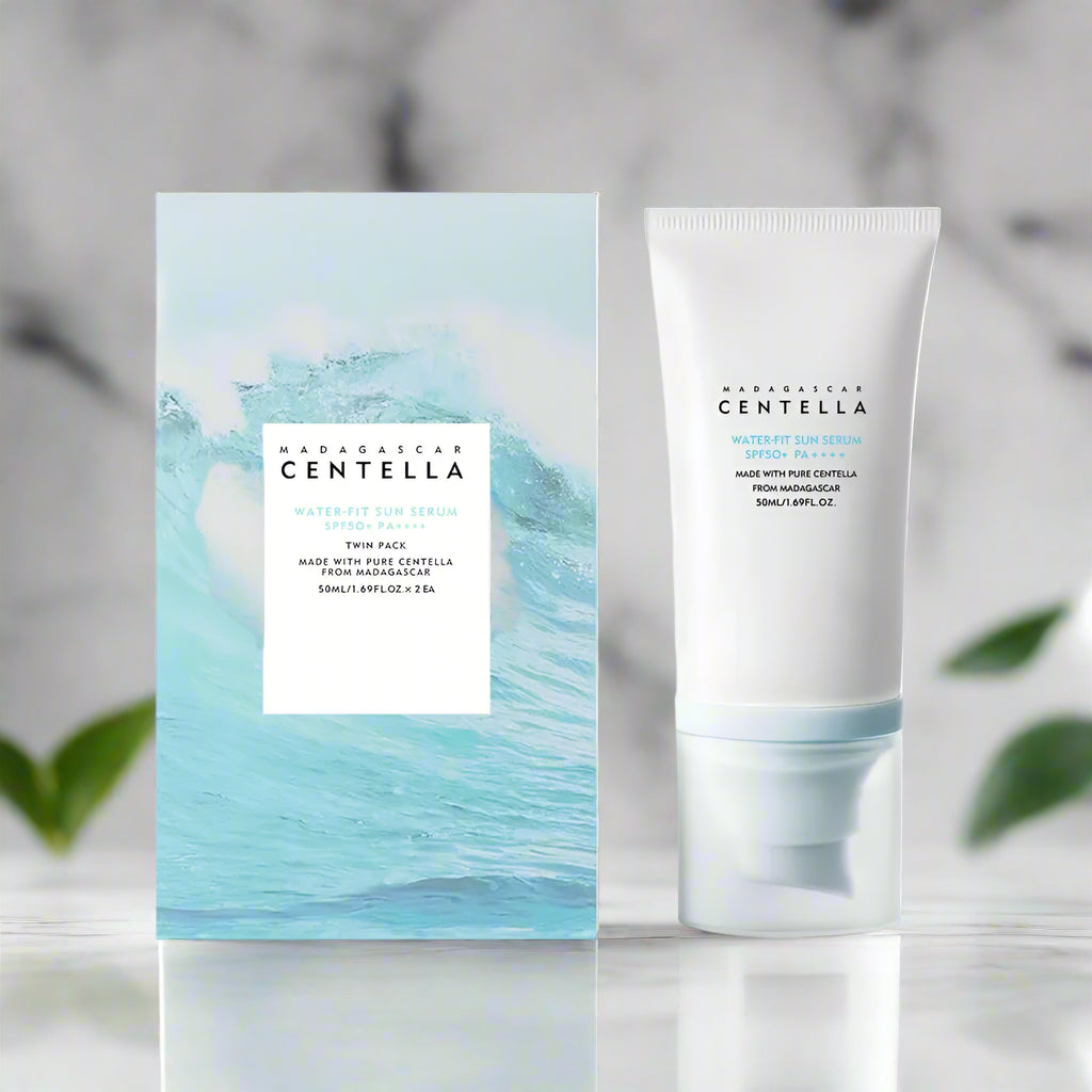 Skincare product packaging with blue wave design on a white background