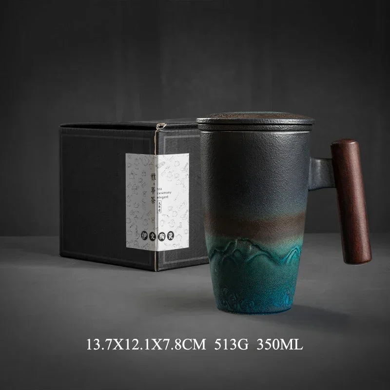 Retro Ceramic Mug with Wooden Handle & Lid