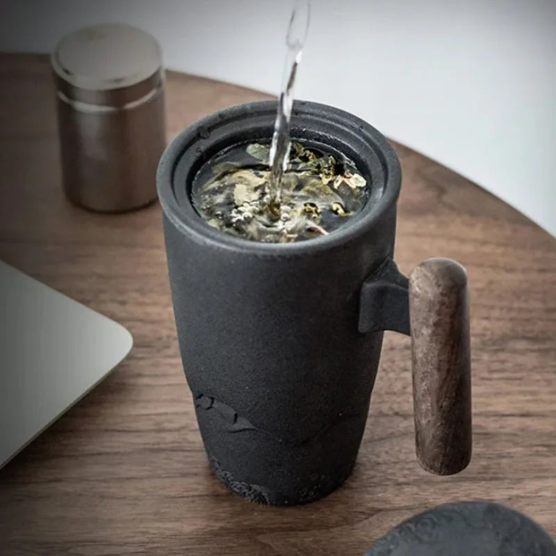Retro Ceramic Mug with Wooden Handle & Lid