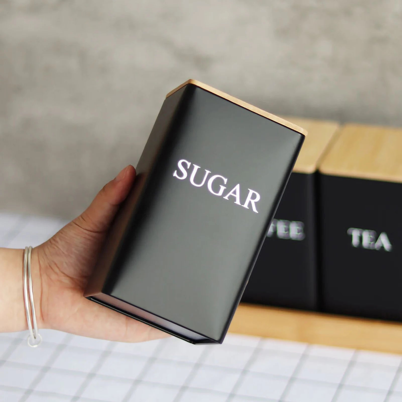 Metal Tea Coffee Sugar Storage Jars with Bamboo Lids